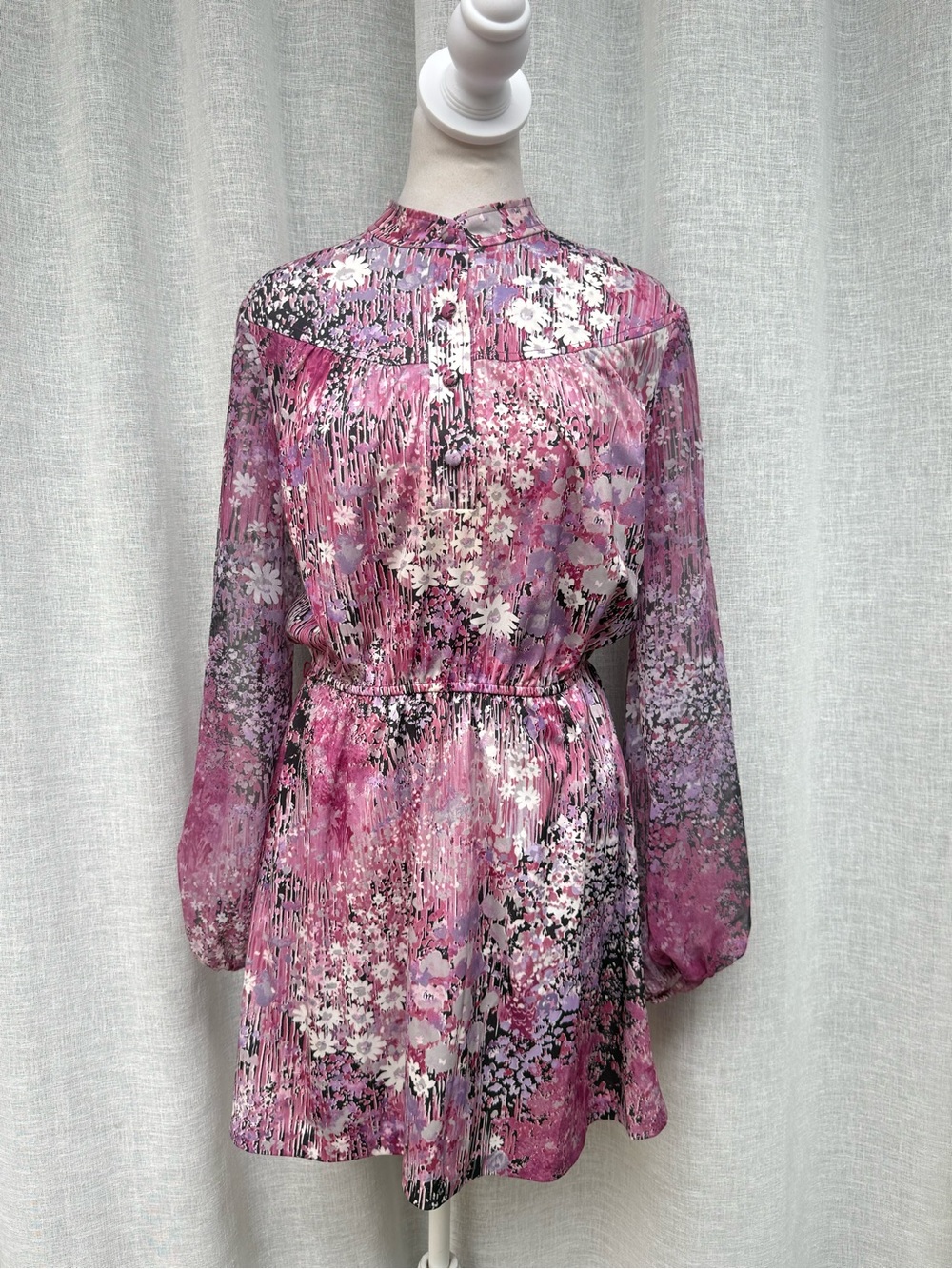 1970 Fortrel pink purple floral long sleeve mini dress